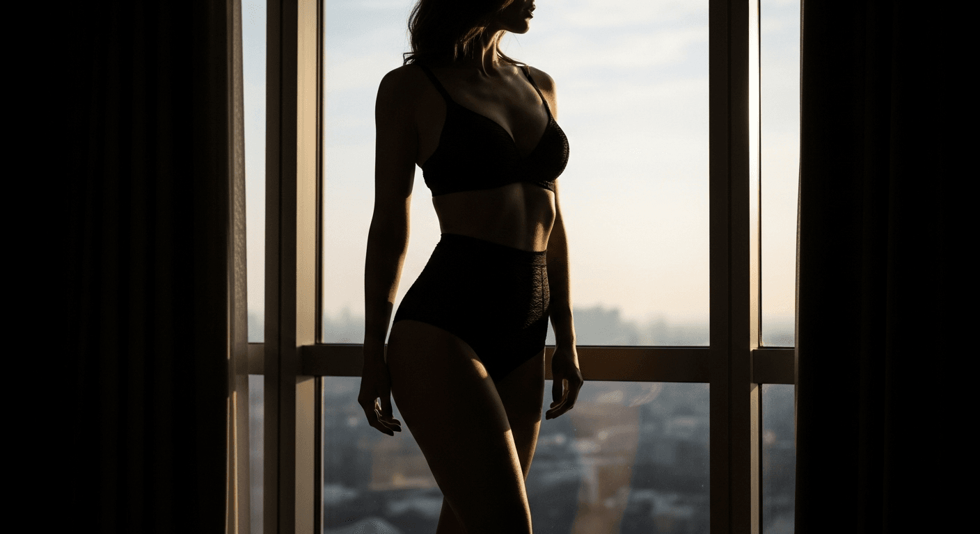 A silhouette of a woman in athletic wear looking out of a window with a cityscape in the background.