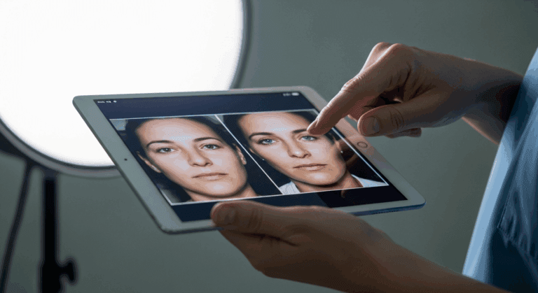 A person holding a tablet displaying images of a woman's face from different angles.