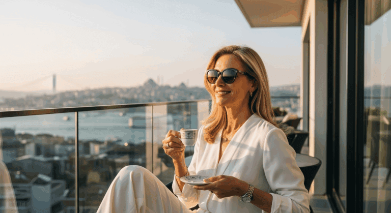 A woman in a white bathrobe and sunglasses sitting on a balcony, holding a cup of coffee, with a cityscape and water body in the background.
