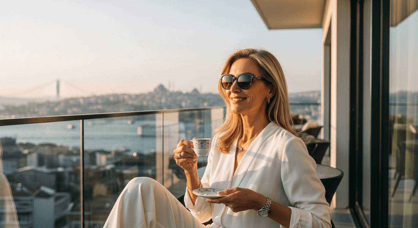 A woman in a white bathrobe and sunglasses sitting on a balcony, holding a cup of coffee, with a cityscape and water body in the background.