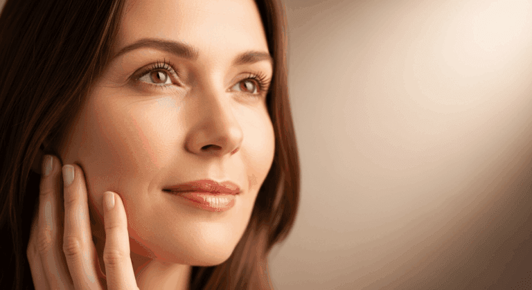 A woman with brown hair is shown in a close-up portrait, gently resting her hand on her cheek. She is looking off to the side with a thoughtful expression.