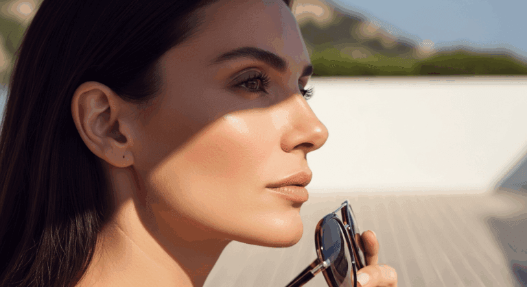 A woman with dark hair is seen in profile, holding sunglasses in her hand. She is outdoors, with a scenic landscape in the background.