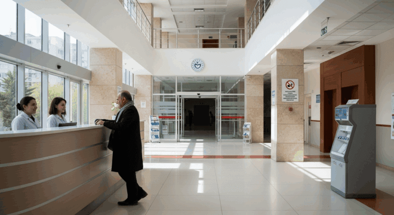 A man in a suit is standing at a reception desk in a hospital lobby, interacting with two receptionists. The lobby has large windows, a clock on the wall, and informational kiosks.
