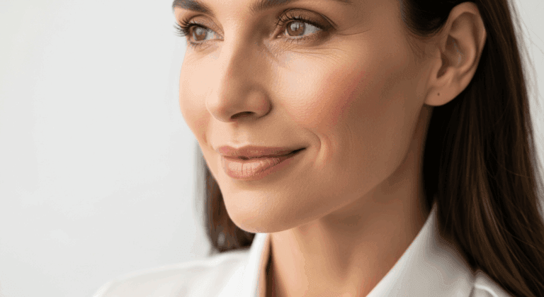 A close-up portrait of a woman with a slight smile, looking to the side. She has smooth skin, brown hair, and is wearing a white shirt.