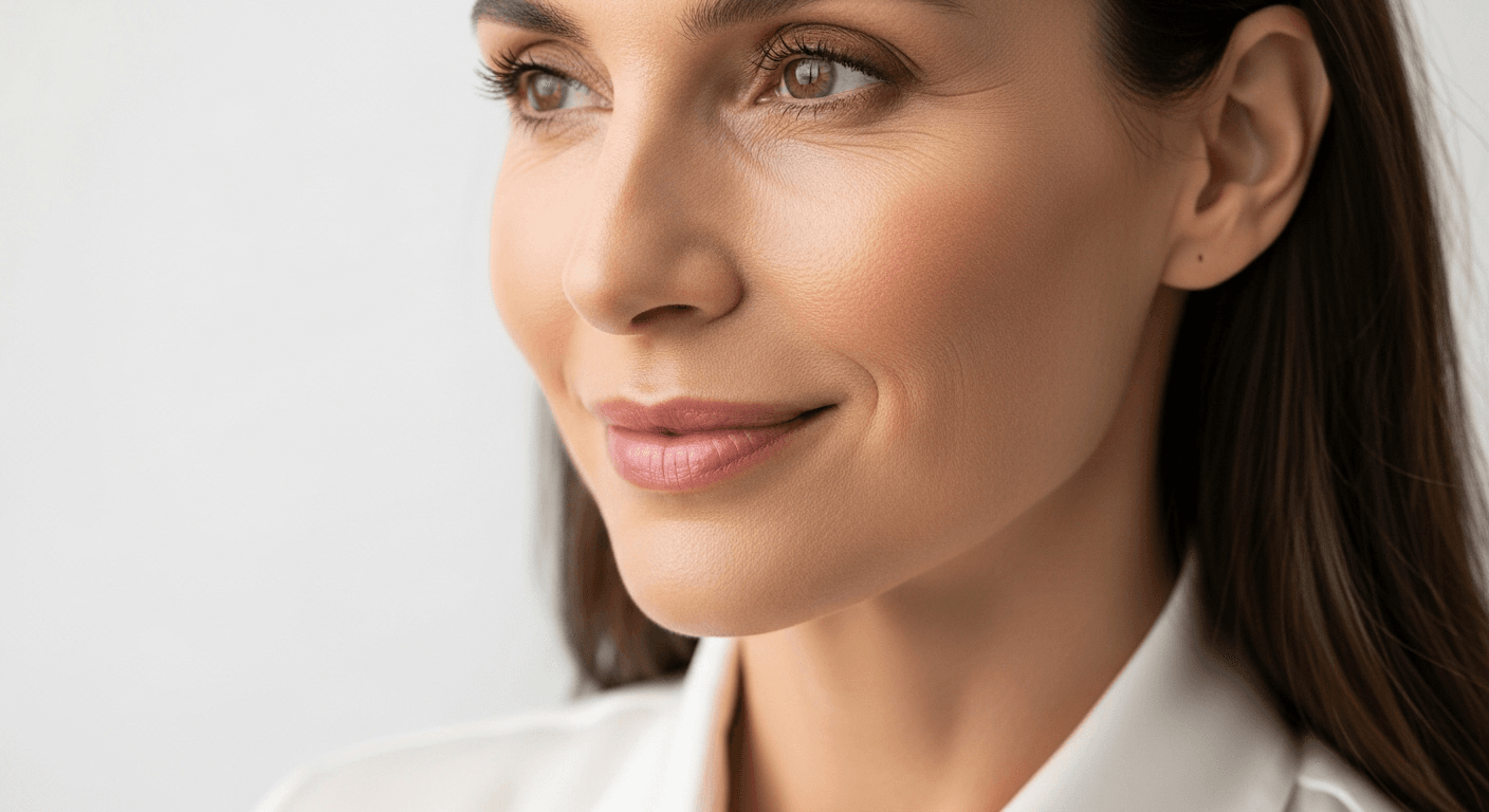 A close-up portrait of a woman with a slight smile, looking to the side. She has smooth skin, brown hair, and is wearing a white shirt.