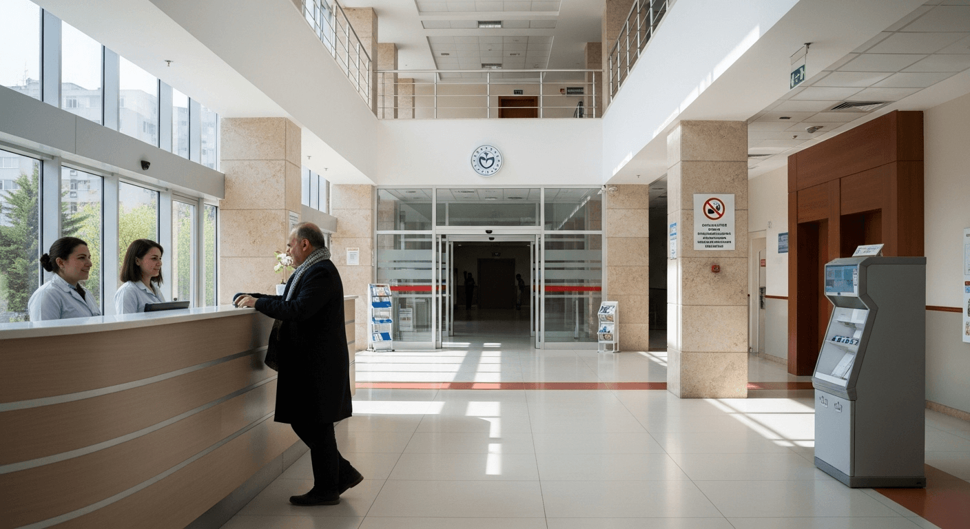 A man in a suit is standing at a reception desk in a hospital lobby, interacting with two receptionists. The lobby has large windows, a clock on the wall, and informational kiosks.