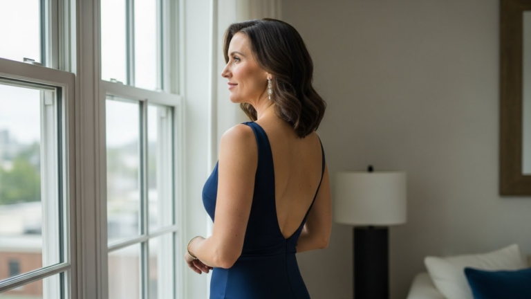 A woman in a blue dress stands near a window, looking out thoughtfully. The room has a modern design with a lamp and a bed visible in the background.