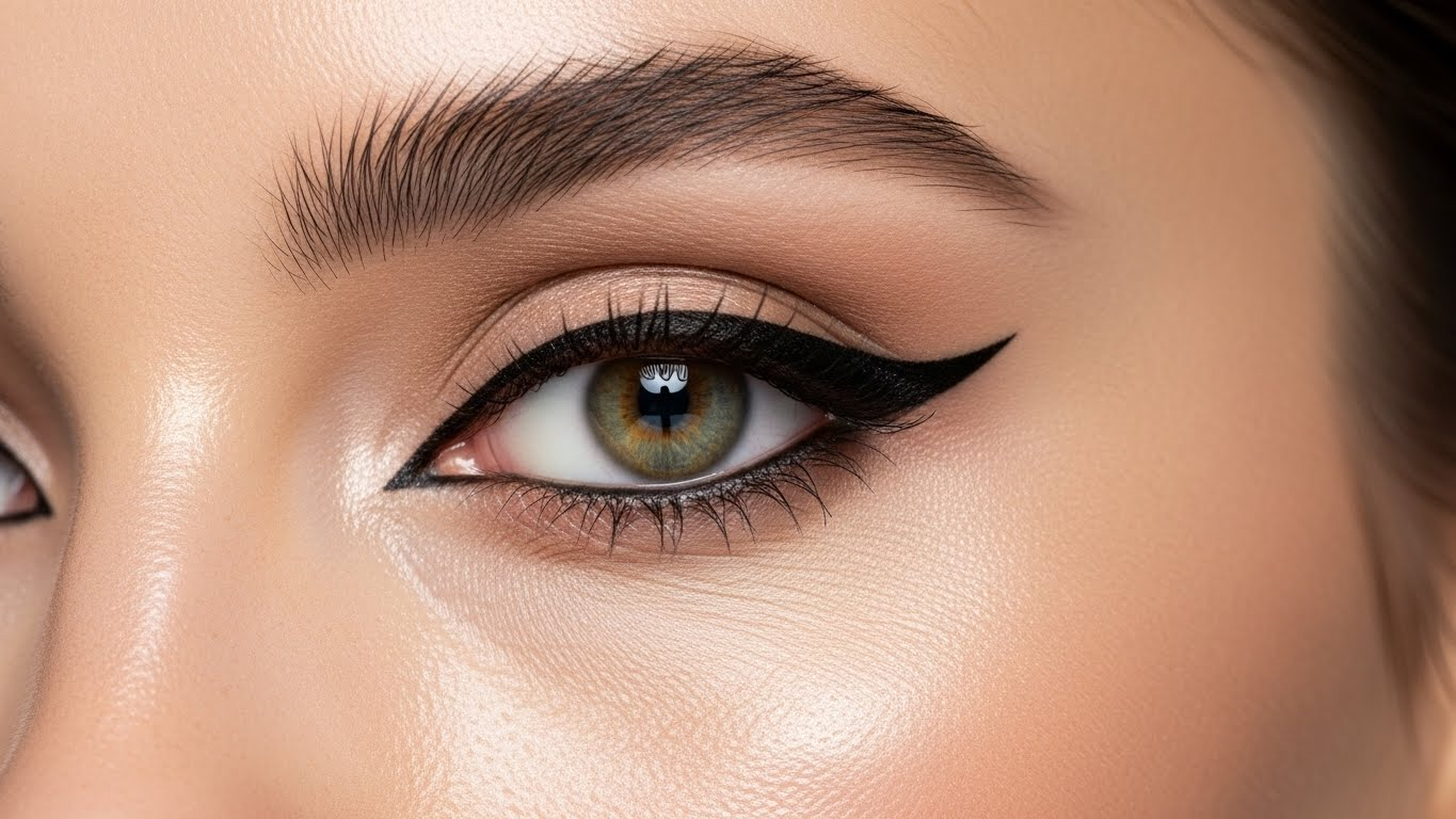A close-up image of a person's eye with green iris and dark eyeliner, showcasing detailed makeup and eyelashes.