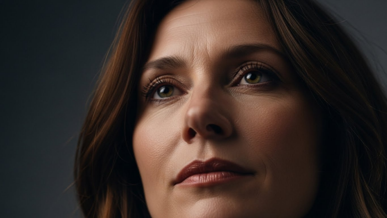 A close-up portrait of a woman with green eyes and red lipstick against a dark background.