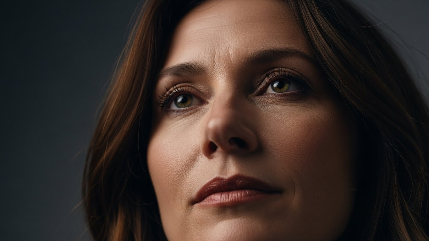 A close-up portrait of a woman with green eyes and red lipstick against a dark background.