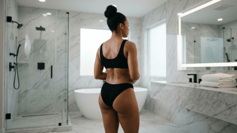 Una fotografía de plano medio a nivel de los ojos de una mujer de piel y cabello oscuros con un moño alto, vista desde atrás en un baño moderno con azulejos de mármol. Lleva un conjunto de bikini texturizado negro, mostrando su anatomía natural, incluida la textura de la piel y las estrías. La iluminación es brillante y suave, proveniente de un gran espejo de tocador retroiluminado y luz natural de las ventanas. En el fondo hay una bañera blanca independiente, una ducha con mampara de vidrio y accesorios negros, y un tocador de mármol con toallas blancas apiladas. La estética general es limpia, minimalista y serena, sin maquillaje visible en su espalda.