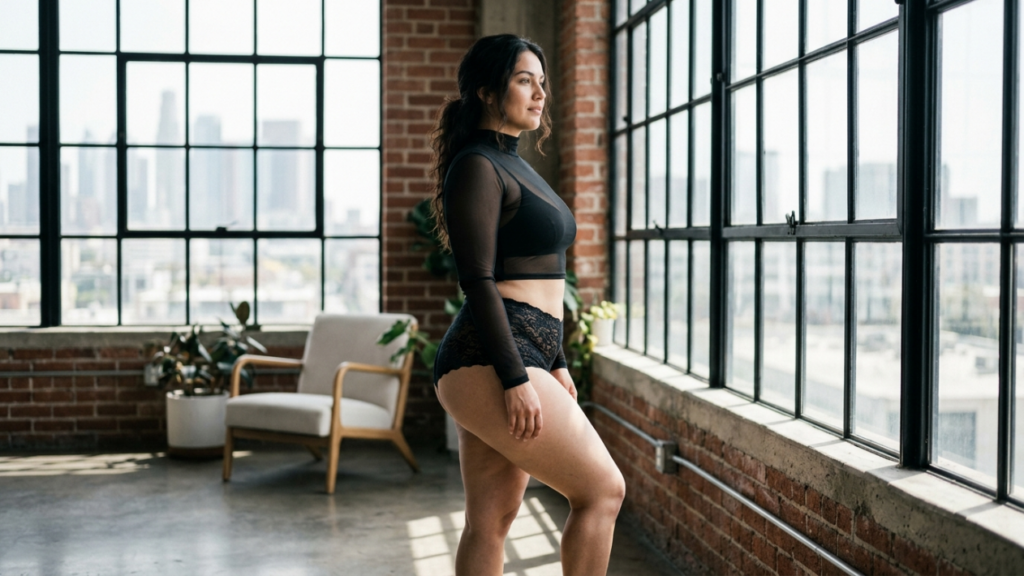 A profile shot of a woman with an athletic yet curvy build, standing in a brightly lit, modern industrial loft apartment. She is facing the right side, looking out of large, black-framed windows that reveal a blurred city skyline. She has long, dark, wavy hair pulled back. She wears a black long-sleeved sheer mock-neck top over a black bra and black lace high-waisted underwear. Her makeup is natural and subtle. The room features a exposed brick wall, polished concrete floors, and a light-colored armchair with a houseplant nearby. The lighting is natural, soft, and diffuse, creating gentle shadows and highlighting her silhouette from the side.