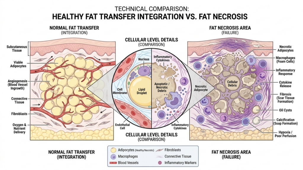 A medical educational diagram comparing healthy fat transfer integration with fat necrosis. On the left, 'Normal Fat Transfer' illustrates viable adipocytes, angiogenesis, and healthy blood supply in subcutaneous tissue. On the right, 'Fat Necrosis Area' shows necrotic adipocytes, cellular debris, inflammatory response, fibrosis, and calcification. A central circular inset provides a comparative view of a healthy cell versus an apoptotic/necrotic cell. The background is white, the illustration style is clean, clinical, and vector-based with clear labeling, no humans or camera angles are present as it is a scientific chart.