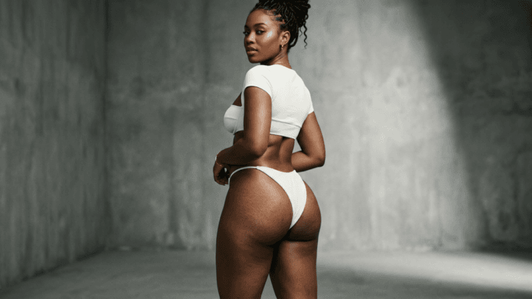 A confident Black woman with braids stands in a studio setting with a textured grey concrete wall background. The shot is captured from a slightly low angle, focusing on her back and side profile as she looks back toward the camera over her shoulder. She is wearing a matching white textured bikini set, consisting of a short-sleeved crop top and high-cut bikini bottoms. Her makeup is natural and subtle, highlighting her glowing skin. The lighting is soft and dramatic, creating subtle shadows that define her physique and the texture of the wall behind her.