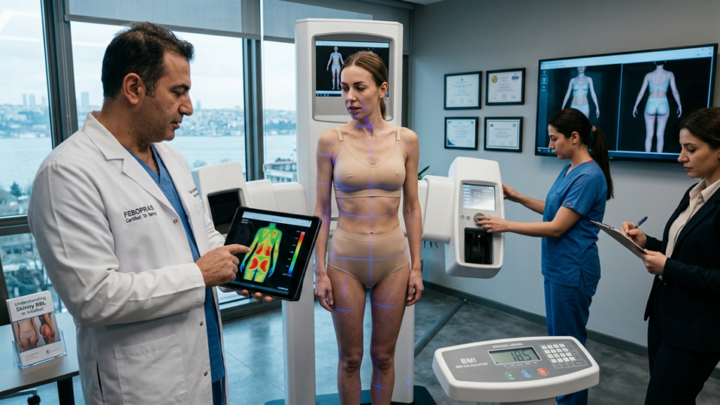A medium-shot photo inside a modern medical clinic shows a male plastic surgeon in a white coat explaining a thermal body scan on a tablet to a slim female patient standing in front of a 3D body analysis machine. The woman, with a natural appearance and minimal makeup, is wearing nude-colored undergarments while blue laser guide lines from the scanner map her anatomy. To the right, a female medical assistant in blue scrubs operates the equipment, and another woman in a professional dark blazer stands holding a clipboard, observing. The scene is lit with bright, neutral clinical lighting, and a large window in the background reveals an urban cityscape. A BMI calculator scale is visible in the foreground, and medical certificates hang on the office wall.