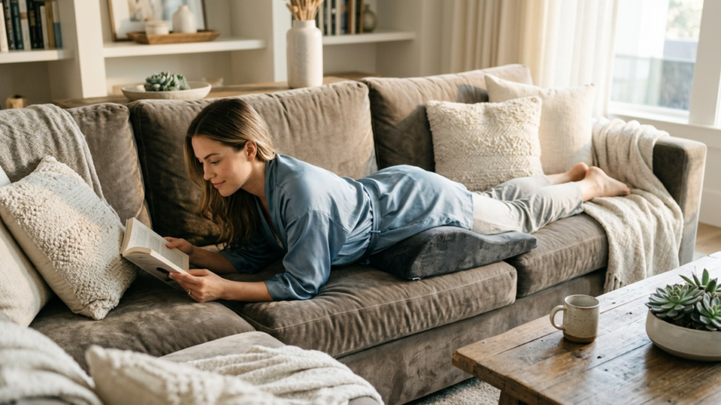 A young woman with a feminine appearance and natural makeup, wearing a light blue silky robe, lies prone on a soft brown couch in a cozy, sunlit living room. She is propped up by a wedge-shaped grey cushion, focused on reading a book. The camera is positioned at a side angle, capturing her relaxed posture, the soft, natural light coming from a nearby window, and a warm, inviting background with wooden furniture, bookshelves, and decorative plants.