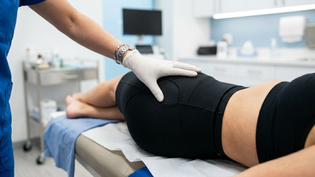 A medical professional, wearing a blue scrub top, a watch, bracelets, and a white latex glove, performs a physical examination on a female patient lying on her side on an examination table. The patient is wearing black athletic compression shorts and a black sports bra. The shot is captured from a mid-range, side-angle perspective with bright, clinical interior lighting. The background features a blurred medical clinic setting with equipment, cabinets, and a diagnostic monitor, emphasizing the professional and hygienic environment of a cosmetic or surgical consultation.