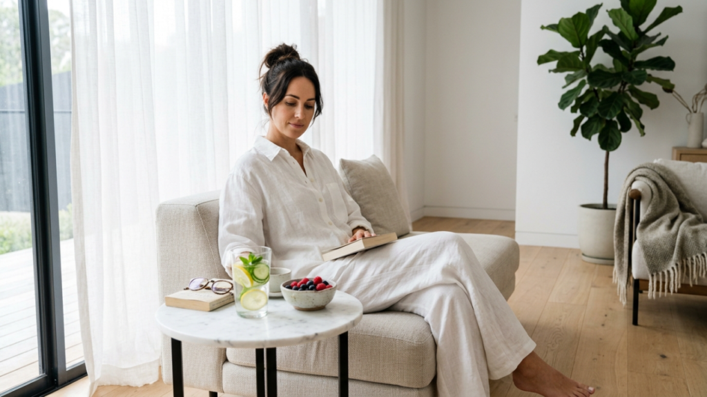 A woman with a natural look and hair tied in a bun, dressed in a relaxed white linen shirt and trousers, sits comfortably on a light beige sofa in a sunlit, modern living room. She is holding a book, with a marble side table nearby containing a glass of water with lemon and mint, and a small bowl of fresh berries. The camera angle is at eye level, capturing the serene atmosphere, with soft natural light streaming through sheer curtains in the background and a lush indoor plant adding greenery to the minimalist interior.
