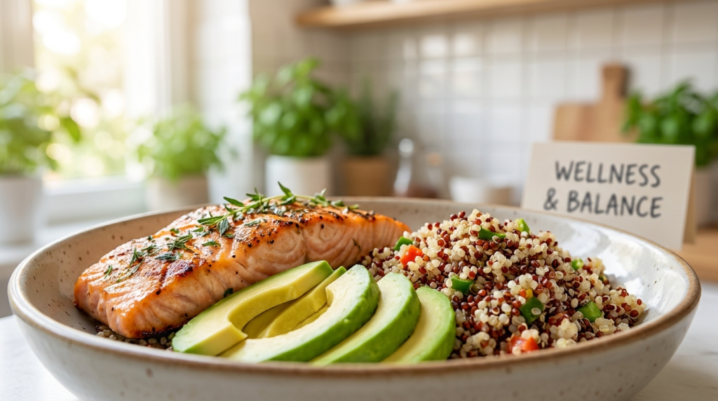 A close-up, eye-level studio shot of a healthy meal on a light-colored ceramic plate, featuring a perfectly grilled salmon fillet garnished with fresh herbs, sliced ripe avocado, and a side of mixed quinoa with diced vegetables. The lighting is soft, natural, and bright, coming from a nearby window, creating a serene and inviting atmosphere. In the background, a slightly blurred kitchen counter with small potted plants and a small sign that says 'WELLNESS & BALANCE' is visible. The image focuses entirely on the food, with no people, makeup, or clothing present.