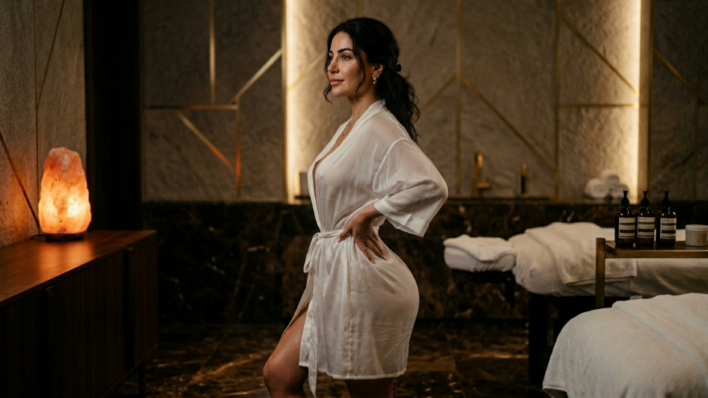 A side-profile shot of a woman with long dark hair tied back, wearing a white silky robe in a luxurious spa setting. She has natural-looking makeup, a graceful posture, and a toned anatomy. The lighting is warm and ambient, coming from a glowing Himalayan salt lamp on a dark wooden cabinet and subtle strip lighting against a textured, gold-accented marble wall. In the background, there are professional spa massage tables with neatly arranged towels and skincare products. The camera angle is at eye level, capturing the serene and sophisticated atmosphere of the spa.