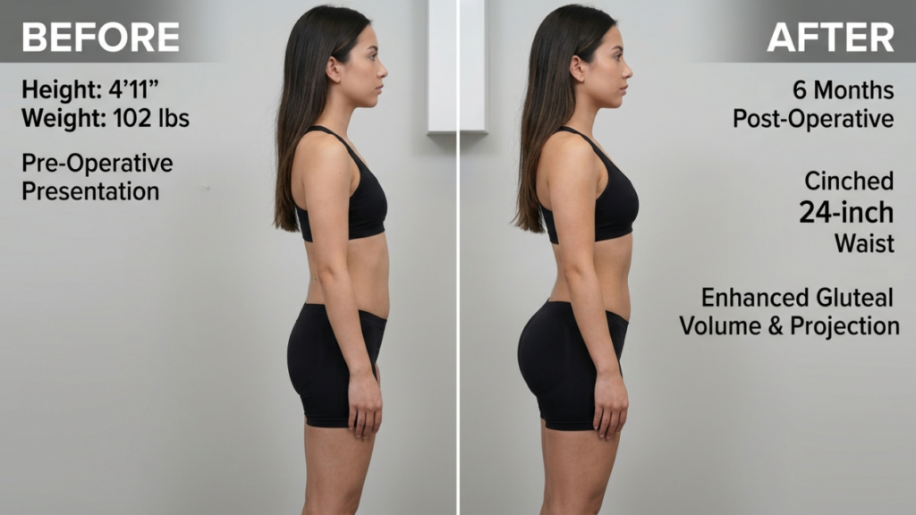 A before-and-after comparison photo of a female patient's body profile from a clinical setting. The image is split down the middle, showing the same woman in a side profile view, wearing a black sports bra and matching black athletic shorts against a plain light gray wall. The lighting is bright, even, and clinical, typical of medical photography. On the left ('BEFORE'), text displays her height as 4'11', weight as 102 lbs, and notes 'Pre-Operative Presentation'. On the right ('AFTER'), text indicates '6 Months Post-Operative', a 'Cinched 24-inch Waist', and 'Enhanced Gluteal Volume & Projection'. The woman has long, straight dark brown hair, a neutral expression with minimal, natural-looking makeup, and a slim, athletic build. The camera angle is at eye level, capturing the full body from the side to highlight changes in waist definition and gluteal shape.