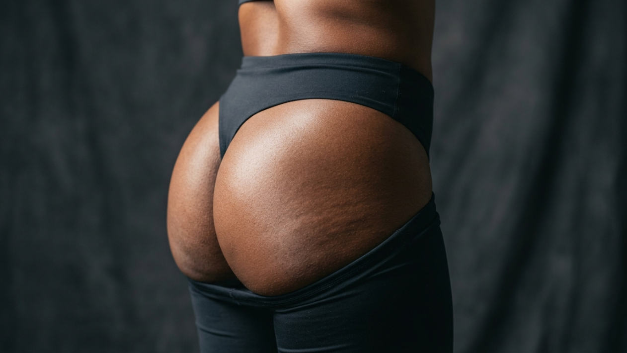 A profile-view, medium shot of a person with a feminine physique, focusing on the lower back and glutes against a dark, textured grey background. The subject has a deep skin tone and is wearing black high-cut briefs. The lighting is soft and directional, highlighting the skin's natural texture and anatomy. The camera angle is at hip level, capturing the subject's form without makeup or accessories visible.