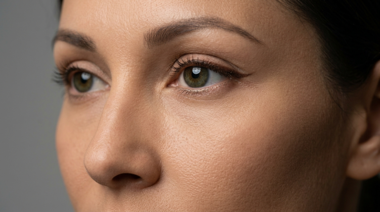 A close-up, high-detail macro shot focusing on the eye area of a feminine face, featuring natural skin texture with visible pores and soft, neutral lighting. The subject has subtle, clean makeup, including a refined, delicate eyeliner accentuating the shape of the eye. The facial anatomy showcases well-defined contours. The background is a solid, neutral gray tone, creating a clean aesthetic. No clothing is visible in this tight, professional beauty portrait.