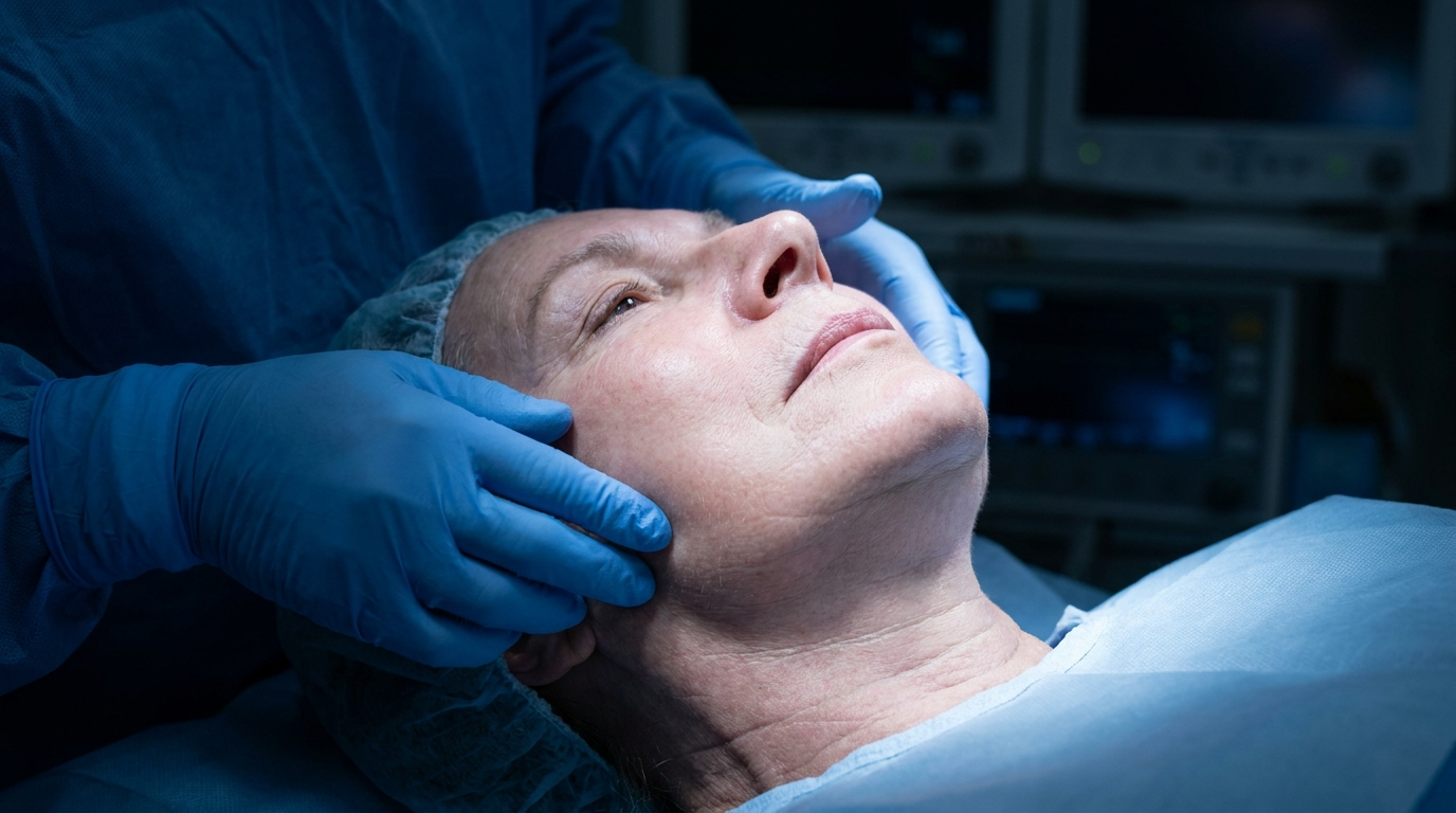 A close-up, high-angle shot in a dimly lit surgical room shows a female patient lying on an operating table. She has mature facial anatomy, is wearing a surgical hair cap, and has natural skin without makeup. A surgeon, wearing a dark blue scrub top and blue nitrile gloves, gently touches her face. The scene is illuminated by cool, clinical lighting that highlights the patient's face, while the background remains out of focus, showing medical monitors with blue screens.