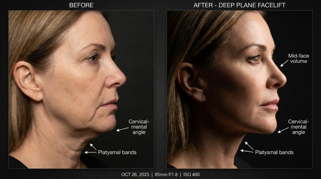 Before and after clinical comparison photos of a Caucasian female patient showing the results of a deep plane facelift. The profile view shows improved mid-face volume, a more defined cervical-mental angle, and reduced platysmal bands. The subject has blonde hair, minimal makeup, and is photographed against a neutral black background with professional side-lighting to highlight anatomical contours. The image includes labels pointing to specific anatomical areas and technical camera metadata at the bottom.