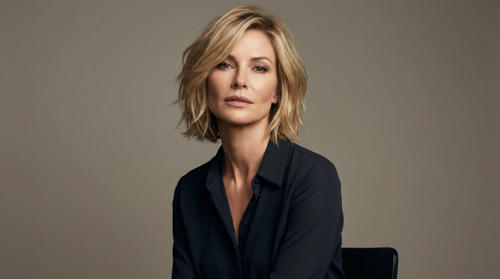 A professional studio portrait of a middle-aged woman with blonde, textured shoulder-length hair, captured from a direct eye-level camera angle. She has a serene expression, soft natural makeup, and refined facial anatomy. She is wearing a dark, elegant button-down shirt. The lighting is soft and diffuse, creating smooth shadows, set against a plain, neutral grey background.