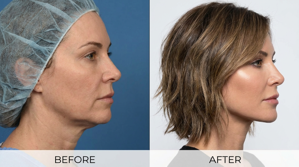 A side-by-side comparison of a female patient's face before and after a cosmetic procedure, captured in a clean studio setting with professional lighting. The 'before' image (left) shows a profile view against a blue background, the patient wearing a surgical cap with visible signs of aging around the jawline and neck. The 'after' image (right) displays the same female in a similar profile view against a plain white background, showing a rejuvenated, lifted jawline and neck contour. Her makeup is subtle, emphasizing a natural look. Both shots are taken from a consistent profile camera angle, focusing on facial anatomy and skin texture improvement.