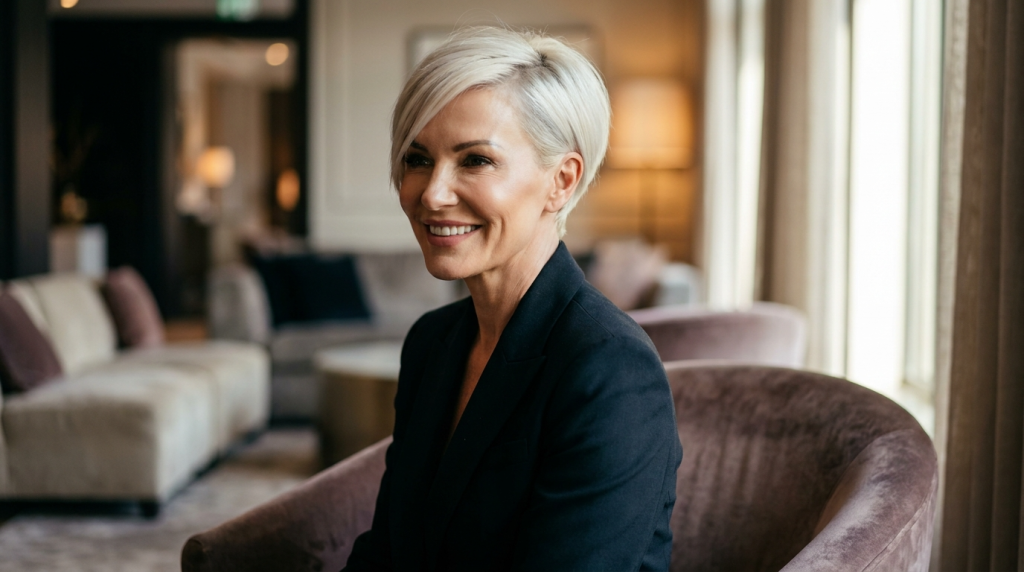 A professional, medium-shot portrait of a confident middle-aged woman with short, sleek platinum-blonde hair. She has a feminine appearance with soft, natural-toned makeup, smiling gently while looking slightly off-camera to the left. She is wearing a structured, dark navy blazer over a dark top. The subject is positioned in a blurred, upscale interior setting, likely a lounge or hotel lobby, with soft, ambient indoor lighting that highlights her face and creates a shallow depth of field. The camera angle is at eye level, capturing her from the chest up.