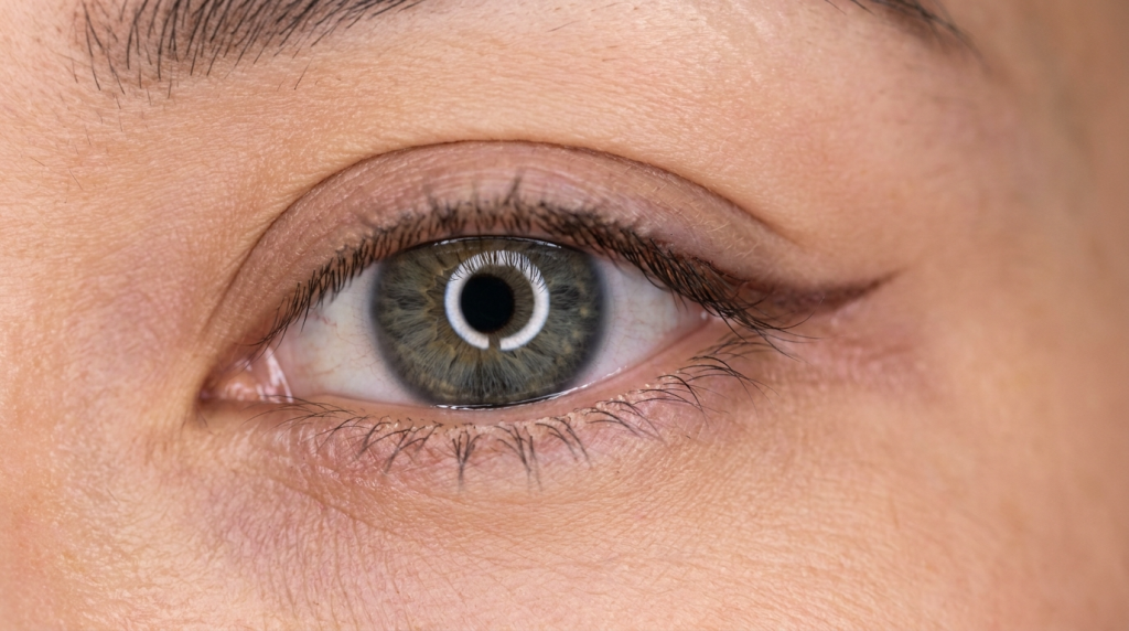 Extreme close-up shot of a human eye with a green-grey iris, featuring a circular ring light reflection in the pupil. The lighting is soft and professional, highlighting the skin texture around the eye. The person appears to be of female gender, with subtle eyeliner applied to the upper lash line. The anatomy shows natural eyelashes and soft skin folds. No clothing or background is visible as the image focuses entirely on the eye and surrounding area.