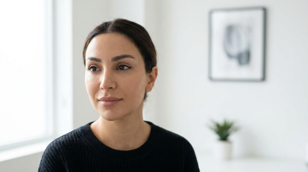 A medium close-up portrait of a woman with dark hair and a neutral expression, illuminated by soft natural side-lighting. The camera is at eye level. She has minimal, natural makeup, fine facial features, and is wearing a simple black sweater. The background is a minimalist, out-of-focus white room with a framed wall art piece and a small plant, creating a clean, professional aesthetic.