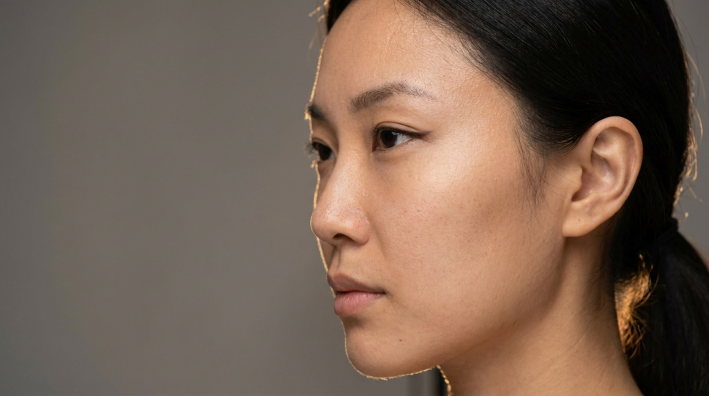 A side profile portrait of a young East Asian woman with a neutral expression. The lighting is soft, featuring a subtle rim light on the back of her head and neck that creates a golden glow against a neutral grey background. Her dark hair is pulled back, and she wears minimal, natural makeup with thin eyeliner. Her facial features are clear, with smooth skin texture and distinct anatomy, shot from a professional studio camera angle at eye level.