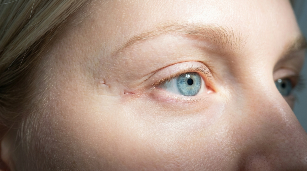 A close-up, high-resolution shot of a female eye with light blue irises, capturing the healing results after a cosmetic surgical procedure. The camera angle is a side-profile macro, focusing on the outer corner of the eye where faint, healing incision lines are visible on the skin. The lighting is soft and natural, emphasizing the texture of the skin and the natural, minimal makeup look. The subject has fair skin and light blonde hair. The background is neutral, blurred, and out of focus, drawing all attention to the eye area and the surgical recovery progress.