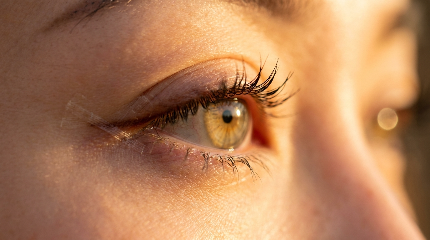 A close-up, macro shot of a female eye illuminated by warm, golden hour sunlight. The lighting highlights the fine texture of the skin, the iris, and the eyelashes. The camera angle is straight-on, focusing on the eye anatomy with visible, natural eyelashes and subtle makeup. The background is softly blurred with a bokeh effect, creating a warm, serene atmosphere.