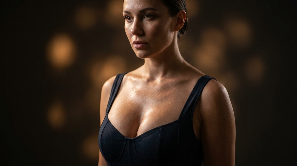 A professional studio portrait of a young woman with a feminine appearance, shot at a slightly high angle focusing on her chest and shoulders. She has natural, subtle makeup and her hair is tied back. The subject is wearing a simple black athletic top or corset-style garment. Her skin has a healthy glow, highlighted by soft, directional studio lighting that accentuates her anatomy. The background is a dark, out-of-focus backdrop with soft, circular golden-brown bokeh light patterns, creating a dramatic and elegant atmosphere.