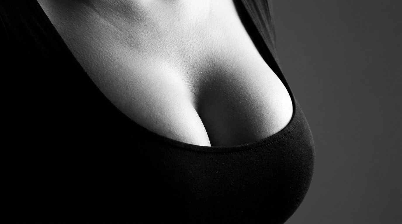 A close-up, black and white photograph focusing on the chest area of a female figure, viewed from a slightly high-angle, eye-level perspective. The subject is wearing a simple, dark-colored, form-fitting scoop-neck top. The lighting is soft and directional, creating gentle highlights and shadows that accentuate the curves and natural anatomy of the chest, while leaving the background a plain, neutral gray. There is no makeup visible, as the frame is cropped to the upper torso.