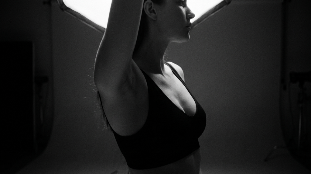 A high-contrast, black and white profile shot of a female with an athletic build. She is wearing a simple black sports bra. Her hair is pulled back, and her face is positioned in profile, showing natural facial features with no visible heavy makeup. The lighting is dramatic, created by a large studio softbox positioned behind her, which creates a bright rim light effect highlighting her silhouette and skin texture. The camera angle is at eye-level, focusing on her upper torso and arm raised. The background is a dark, minimalist studio setting with subtle equipment silhouettes, emphasizing the subject's anatomy and form.