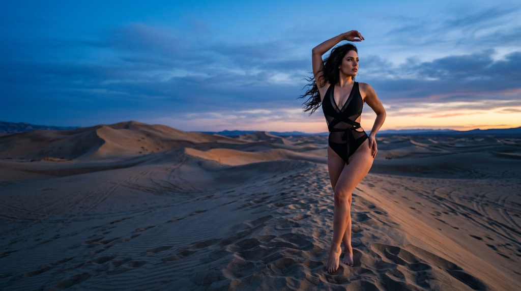 A fit, feminine model with long dark hair posing gracefully in a black strappy one-piece swimsuit on a vast, sandy desert dune at dusk. The lighting is a dramatic golden hour glow contrasting with the deep blue twilight sky. The camera angle is a full-body medium shot captured from a slightly low perspective, highlighting the model's athletic anatomy and elegant posture. She wears natural, soft glam makeup and is positioned against an expansive, tranquil desert landscape with rolling dunes and tire tracks in the sand.