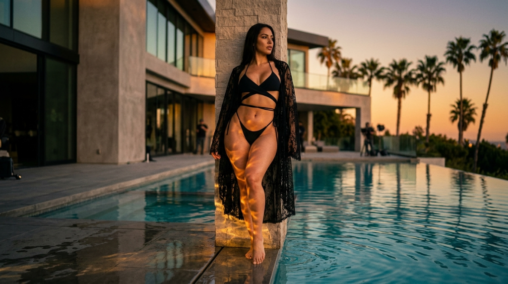 A confident woman with a fit, athletic physique posing against a stone pillar by an infinity pool at sunset. She is wearing a black strappy bikini and a sheer, lacy black kimono cover-up. She has long, dark hair, natural-looking makeup, and an elegant stance. The lighting is warm and golden, casting dramatic shadows and light reflections on the pillar and her skin. The camera angle is at eye level, capturing the luxurious outdoor setting of a modern mansion with palm trees in the background during the golden hour.