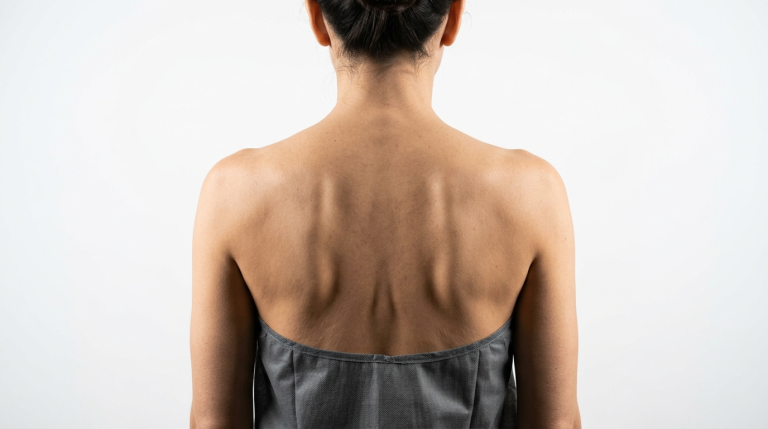 A studio-lit, medium shot from behind of a female patient with her hair in a bun. She is wearing a grey, strapless medical garment, revealing her shoulders, neck, and upper back. The natural skin tone is even, and the anatomy clearly shows the shoulder blades and spine contour against a plain, bright white background. The lighting is soft and professional, emphasizing the texture of the skin. No makeup is visible as she is facing away from the camera.