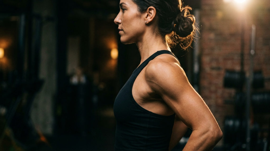 A side-profile close-up of a fit female athlete with her dark hair tied in a bun, wearing a black athletic racerback top in a dimly lit gym. The lighting is cinematic, featuring a dramatic rim light that highlights her defined shoulder and arm muscles. Her anatomy shows toned musculature, she wears minimal to no visible makeup, and the background features a blurred rustic brick wall and gym equipment, captured with a professional shallow depth of field.