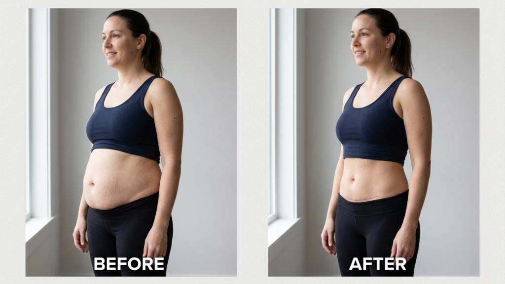 A side-by-side comparison photo of a female patient, with a before and after view of an abdominoplasty (tummy tuck). The woman is positioned in a profile view against a neutral, brightly lit indoor background. She has natural skin with minimal makeup and her hair is tied back in a ponytail. She is wearing a dark blue sports bra and black leggings. The 'before' image shows a protruding abdomen with visible stretch marks, while the 'after' image displays a flatter, toned abdomen with a neat, low-profile surgical scar resulting from the procedure. The lighting is soft and natural, coming from a side window, highlighting the anatomical changes.