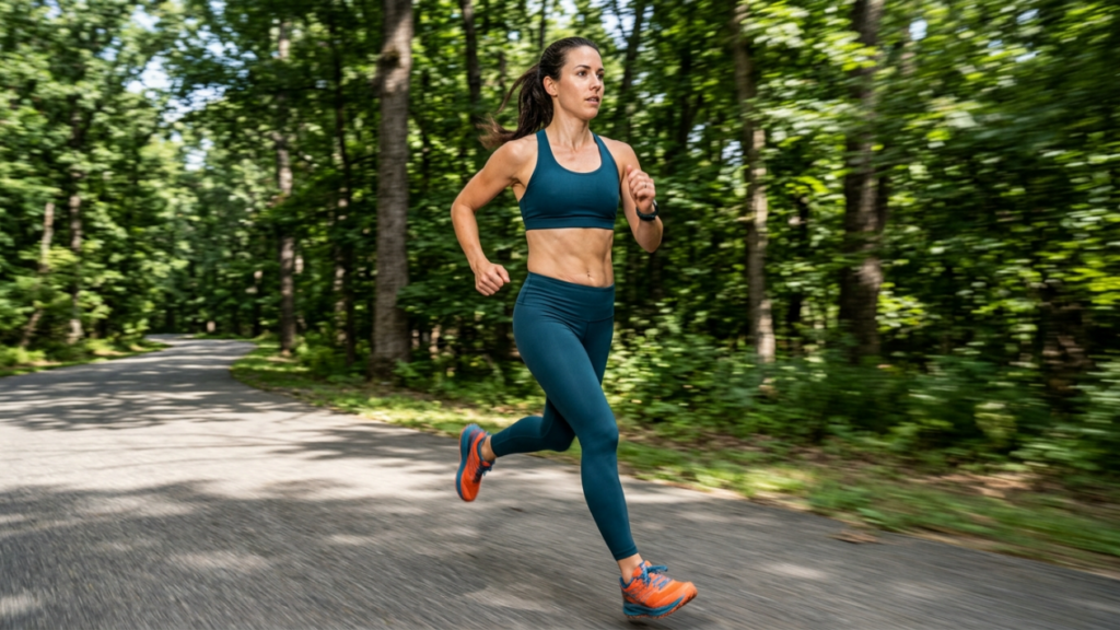 A fit, athletic woman with a ponytail is jogging on a paved park path, captured from a side profile with a dynamic motion blur effect. She has a toned physique with visible abdominal definition, wearing a teal sports bra and matching leggings paired with bright orange running shoes. The natural outdoor lighting creates a bright, energetic atmosphere, with lush green forest trees in the background, while her face shows a focused, minimal-makeup look appropriate for intense physical exercise.