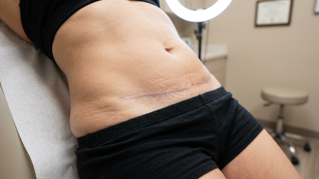 Close-up shot of a female patient's abdomen in a medical setting, showing a horizontal surgical scar resulting from a tummy tuck (abdominoplasty). The lighting is bright, provided by a professional ring light visible in the background, creating clear visibility of the skin and scar texture. The camera angle is slightly angled from above, focusing on the midsection. The patient is wearing a black sports bra and matching black shorts. The background is a clinical office environment featuring a beige wall, a framed certificate, and a medical examination stool. No makeup is visible as the focus is solely on the abdominal anatomy.