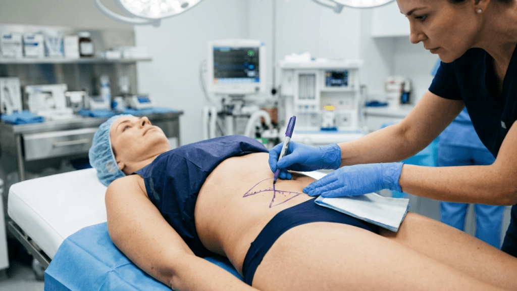 A female plastic surgeon marks the abdomen of a female patient with a purple surgical pen for an upcoming procedure. The patient is lying on her back on an operating table, wearing a blue surgical cap and dark blue undergarments, with a surgical drape partially covering her. The surgeon is wearing a dark blue scrub top, light blue sterile gloves, and has minimal makeup. The scene is shot from a medium-angle side view in a brightly lit, sterile operating room environment, with various medical equipment, monitors, and stainless steel cabinets visible in the blurred background.