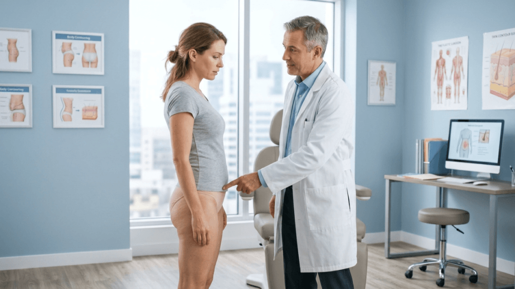 A male plastic surgeon in a white lab coat stands in a bright, modern medical office, gesturing towards the abdomen of a female patient who is standing in profile, wearing a grey t-shirt and beige underwear. The lighting is soft and natural, coming from a large window behind them. The room features medical diagrams on the walls and a computer on a desk, creating a professional clinical atmosphere. The patient has a natural appearance with minimal makeup, and the camera captures the consultation from a medium-wide angle.