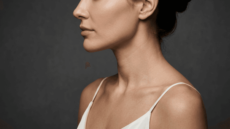 A side profile studio portrait of a woman with smooth, clear skin, minimal natural makeup, and elegant anatomy, captured with soft, professional side lighting against a dark, textured gray background. The subject is wearing a simple white spaghetti strap top, and the camera angle is a precise profile view focusing on the jawline and neck structure.